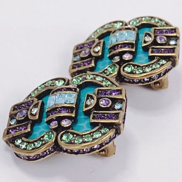 VTG Signed Heidi Daus Art Deco Revival Rhinestone Blue Clip Earrings Collectible - Picture 6 of 10